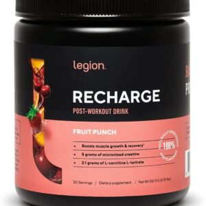 Legion Recharge Post Workout Supplement - All Natural Muscle Builder & Recovery Drink with Micronized Creatine Monohydrate. Naturally Sweetened & Flavored, Safe & Healthy (Fruit Punch, 30 Serve)