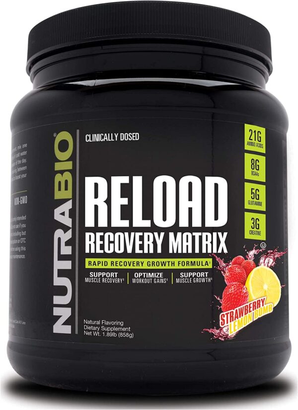 NutraBio Reload - Powerful Muscular Recovery Formula - Post-Workout Supplement - 3G Creatine - 8G BCAAs - 5G Glutamine - 30 Servings, Strawberry Lemon Bomb
