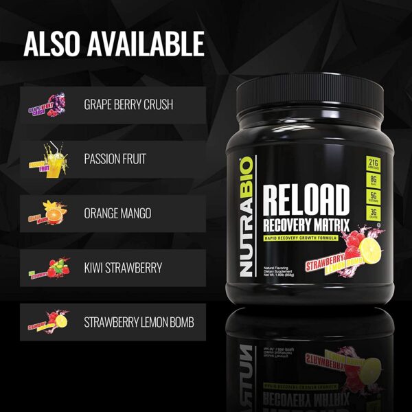 NutraBio Reload - Powerful Muscular Recovery Formula - Post-Workout Supplement - 3G Creatine - 8G BCAAs - 5G Glutamine - 30 Servings, Strawberry Lemon Bomb