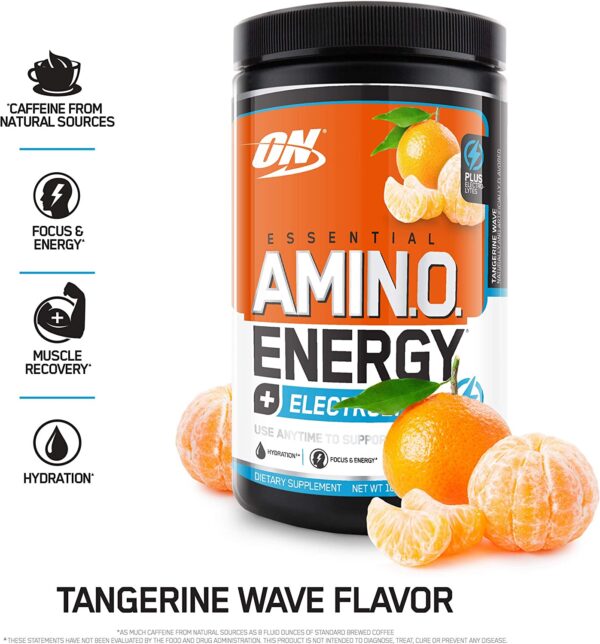 Optimum Nutrition Amino Energy Plus Electrolytes Energy Drink Powder, With Caffeine for Pre-Workout Energy and Amino Acids / BCAAs for Post-Workout Recovery, Tangerine Wave, 10.5 Ounces (30 Servings)