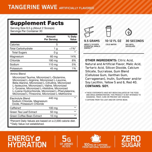 Optimum Nutrition Amino Energy Plus Electrolytes Energy Drink Powder, With Caffeine for Pre-Workout Energy and Amino Acids / BCAAs for Post-Workout Recovery, Tangerine Wave, 10.5 Ounces (30 Servings)