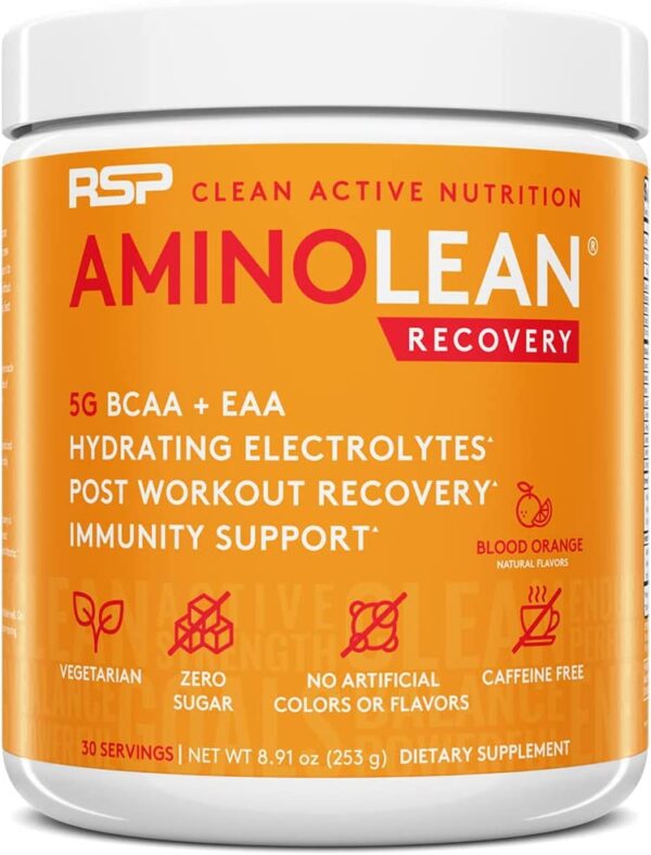 RSP AminoLean Recovery - Post Workout BCAAs Amino Acids Supplement + Electrolytes, BCAAs and EAAs for Hydration Boost, Immunity Support - Muscle Recovery Drink, Vegan Aminos, Blood Orange