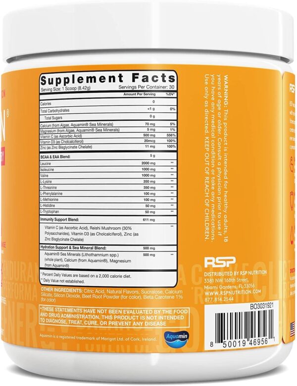 RSP AminoLean Recovery - Post Workout BCAAs Amino Acids Supplement + Electrolytes, BCAAs and EAAs for Hydration Boost, Immunity Support - Muscle Recovery Drink, Vegan Aminos, Blood Orange