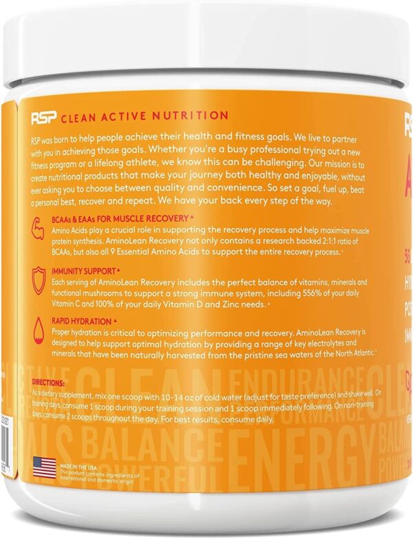 RSP AminoLean Recovery - Post Workout BCAAs Amino Acids Supplement + Electrolytes, BCAAs and EAAs for Hydration Boost, Immunity Support - Muscle Recovery Drink, Vegan Aminos, Blood Orange