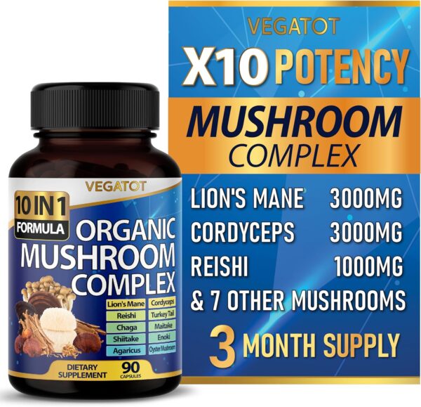 10 in 1 High Strength Mushroom Supplement 9,700MG - Lions Mane, Cordyceps, Reishi - Brain Supplements for Memory and Focus ** 3-Month Supply