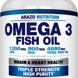 Arazo Nutrition Wild Caught Omega 3 Fish Oil – 120 Soft Gels – 4,080mg High EPA 1200mg DHA 900mg Lemon Flavor Burpless Softgels
