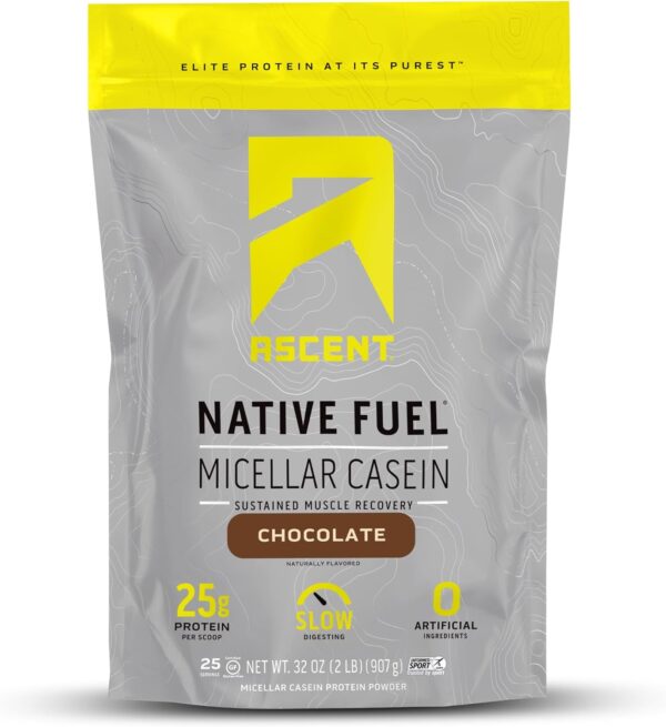 Ascent Casein Protein Powder - 25g Micellar Casein Powder with Zero Artificial Flavors & Sweeteners, Gluten-Free, No Added Sugar, 4.9g BCAA, 2.2g Leucine - Chocolate, 2 Pounds