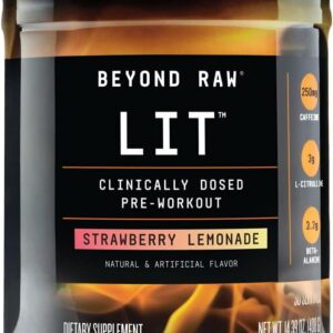 BEYOND RAW LIT | Clinically Dosed Pre-Workout Powder | Contains Caffeine, L-Citrulline, Beta-Alanine, and Nitric Oxide | Strawberry Lemonade | 30 Servings