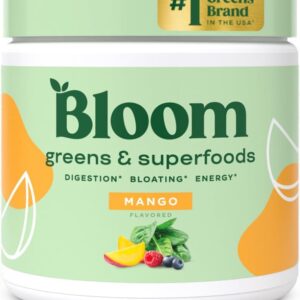 Bloom Nutrition Greens and Superfoods Powder for Digestive Health, Greens Powder with Digestive Enzymes, Probiotics, Spirulina, Chlorella for Bloating and Gut Support, Green Juice Mix, 30 SVG, Mango