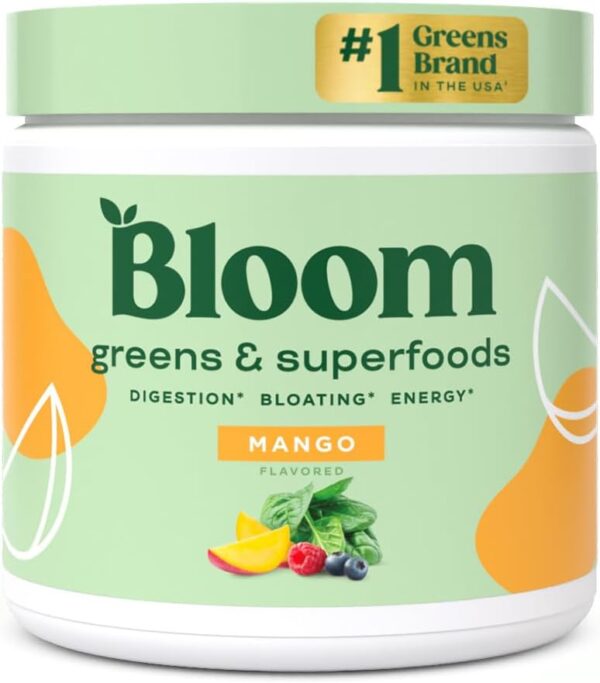 Bloom Nutrition Greens and Superfoods Powder for Digestive Health, Greens Powder with Digestive Enzymes, Probiotics, Spirulina, Chlorella for Bloating and Gut Support, Green Juice Mix, 30 SVG, Mango