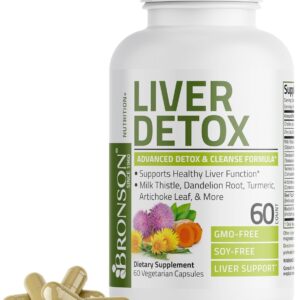 Bronson Liver Detox Advanced Detox & Cleansing Formula Supports Health Liver Function with Milk Thistle, Dandelion Root, Turmeric, Artichoke Leaf & More, Non-GMO, 60 Vegetarian Capsules