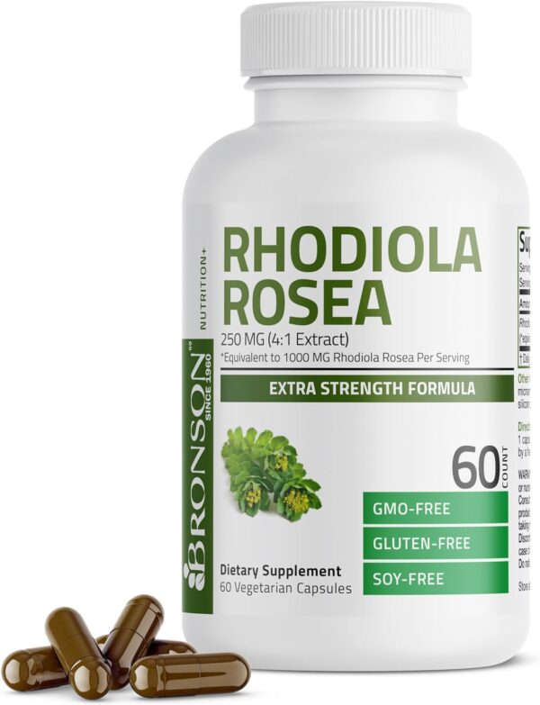 Bronson Rhodiola Rosea Vegetarian Capsules - Adaptogenic Herb - Brain, Stress & Mood Support - Non-GMO, 60 Count