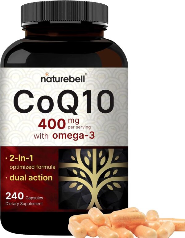 CoQ10 (Ubiquinone) 400mg with Omega 3 Fatty Acids| Stable High Absorption Form – Antioxidant Support for Heart & Energy Health – Extra Strength Coenzyme Q10 Supplement