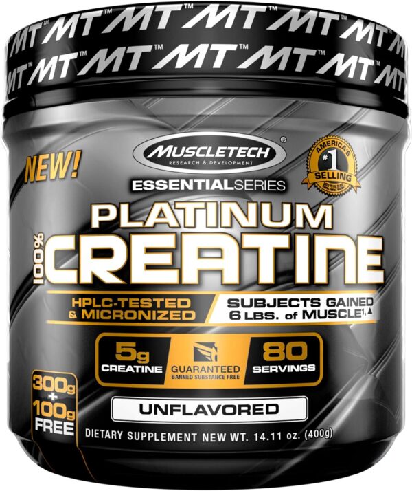 Creatine Monohydrate Powder MuscleTech Platinum Pure Micronized Muscle Recovery + Builder for Men & Women Workout Supplements Unflavored (80 Servings)