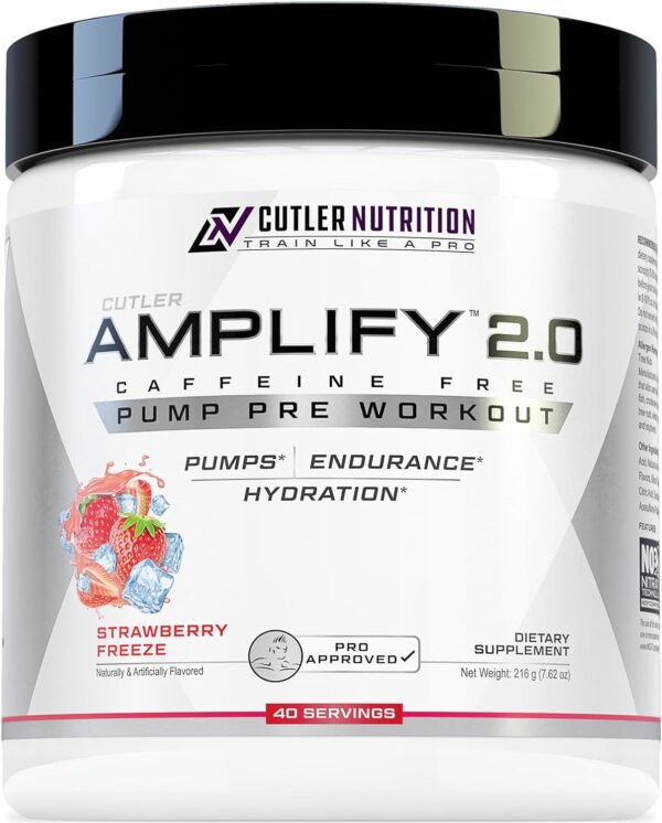 Cutler Nutrition Amplify Caffeine Free Pre Workout for Men and Women Stimulant Free Muscle Pump Enhancer with Nitrates (Arginine Nitrate), Coconut Water, and L-Citrulline, Strawberry Flavor