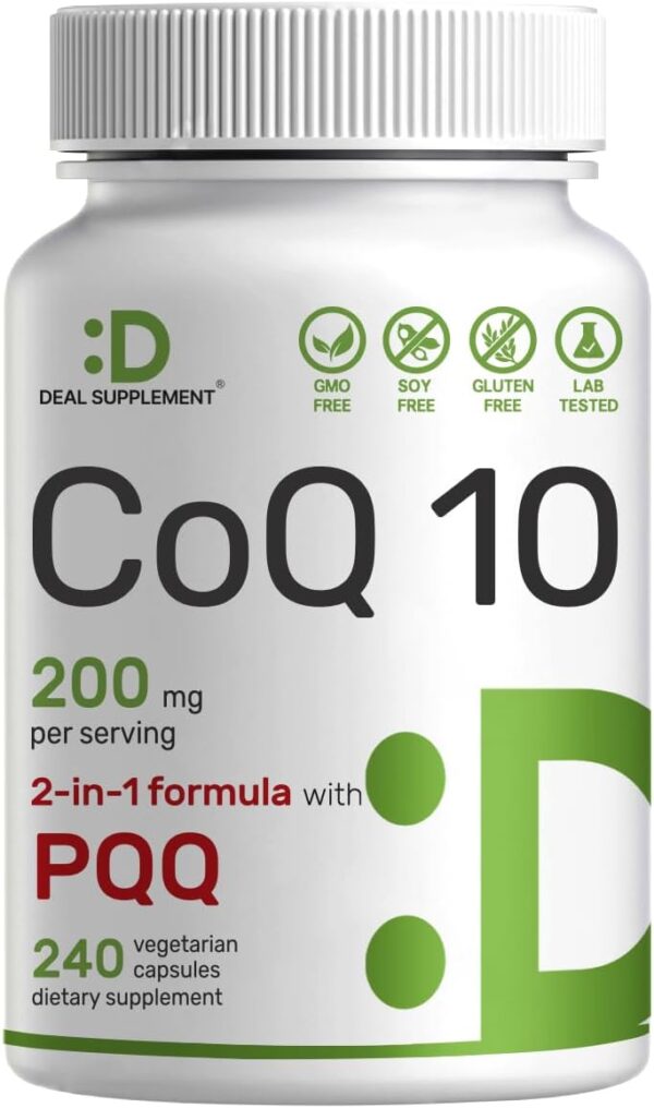 DEAL SUPPLEMENT CoQ10 200mg & PQQ 200mcg, 240 Veggie Capsules – 2 in 1 Coenzyme Q10 Supplement for Better Absorption – Antioxidant Support for Energy, Brain, & Heart Health – Non-GMO