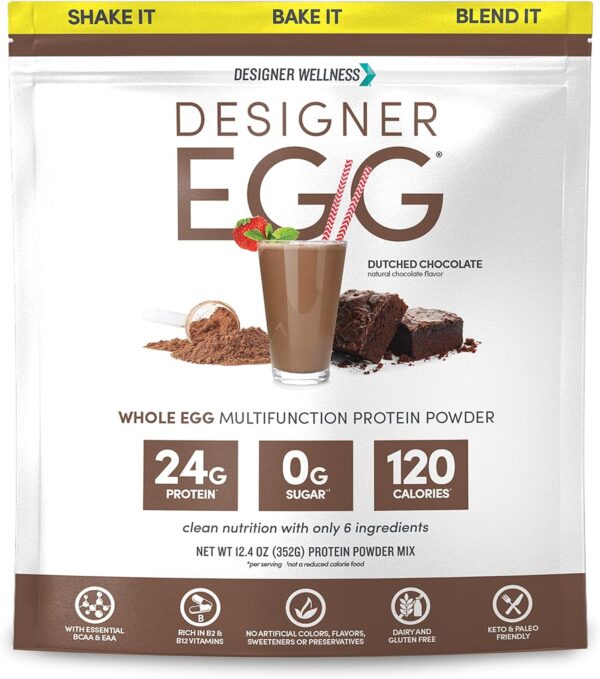 Designer Wellness, Designer Egg, Natural Egg Yolk & Egg White Protein Powder, Keto and Paleo Friendly, Low Calorie, Less Fat and Cholesterol, Dutch Chocolate, 12.4 Ounce