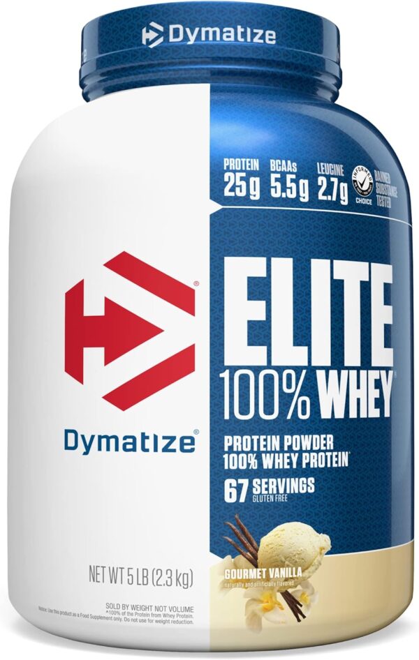 Dymatize Elite 100% Whey Protein Powder, 25g Protein, 5.5g BCAAs & 2.7g L-Leucine, Quick Absorbing & Fast Digesting for Optimal Muscle Recovery, Gourmet, 5 Pound Vanilla 80 Ounce