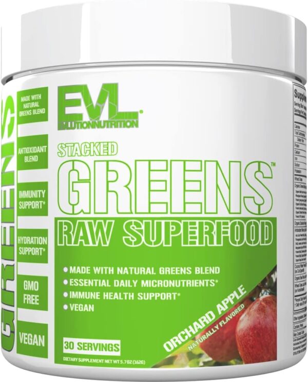 Evlution Nutrition Stacked Greens Raw Superfood, Vegan, Gluten-Free, 30 Servings (Orchard Apple V2)