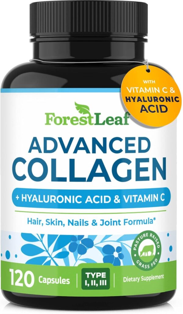 ForestLeaf Multi Collagen Pills with Hyaluronic Acid + Vitamin C | Hydrolyzed Collagen Supplements for Women or Men | Multi Collagen Capsules Peptides for Skin, Wrinkles, 120 Caps