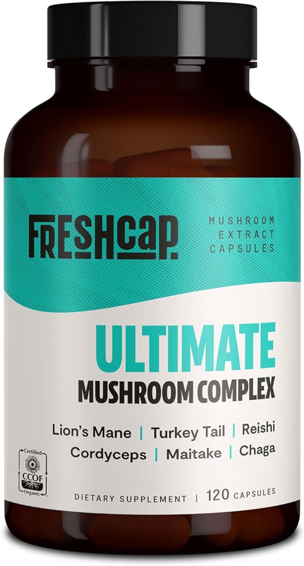 FreshCap Ultimate Mushroom Complex - Lions Mane, Reishi, Cordyceps, Chaga, Turkey Tail, Maitake - Immune Support & Nootropic Brain Supplements for Immunity, Energy, Memory & Focus (120 Capsules)