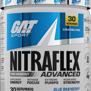 GAT SPORT Nitraflex Advanced Pre-Workout Powder, Increases Blood Flow, Boosts Strength and Energy, Improves Exercise Performance, Creatine-Free (Blue Raspberry, 30 Servings)