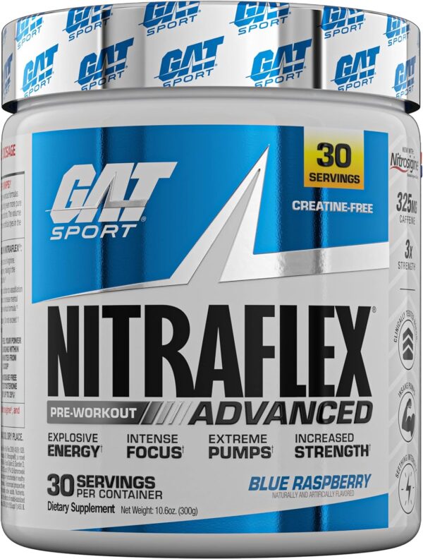 GAT SPORT Nitraflex Advanced Pre-Workout Powder, Increases Blood Flow, Boosts Strength and Energy, Improves Exercise Performance, Creatine-Free (Blue Raspberry, 30 Servings)