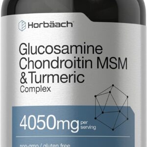 Horbäach Glucosamine Chondroitin with Turmeric & MSM | 4050 mg | 180 Caplets | Triple Strength Formula | Non-GMO, Gluten Free