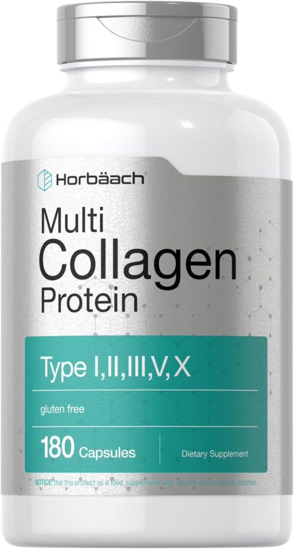 Horbäach Multi Collagen Protein 2000 mg | 180 Capsules | Type I, II, III, V, X | Collagen Peptide Pills | Keto & Paleo Friendly, Gluten Free Supplement