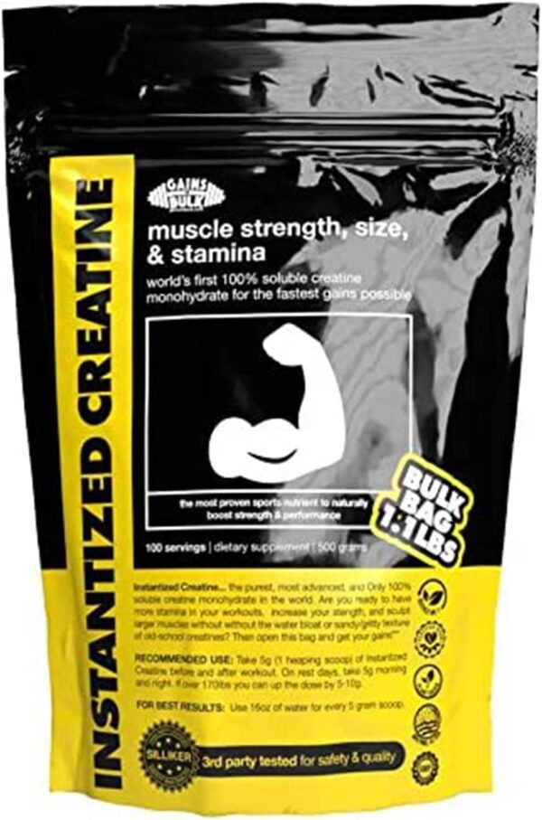 Instantized Creatine Monohydrate Gains in Bulk, Worlds First 100% Soluble Creatine for Strength, Performance, and Muscle Building (100 Servings)