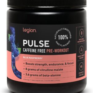 LEGION Pulse Pre Workout Supplement - All Natural Nitric Oxide Preworkout Drink to Boost Energy, Creatine Free, Naturally Sweetened, Beta Alanine, Citrulline, Alpha GPC (Caffeine Free Blue Razz)