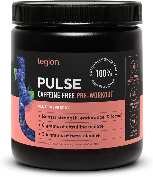 LEGION Pulse Pre Workout Supplement - All Natural Nitric Oxide Preworkout Drink to Boost Energy, Creatine Free, Naturally Sweetened, Beta Alanine, Citrulline, Alpha GPC (Caffeine Free Blue Razz)
