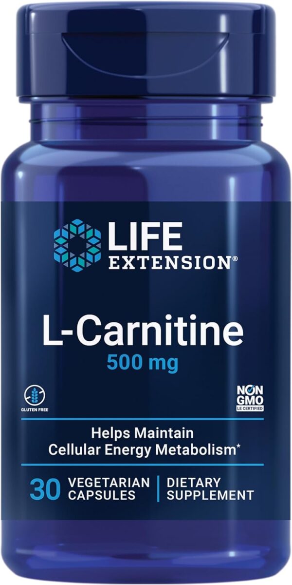 Life Extension L-Carnitine – 500 mg, Energy Supplement, Memory Supplement – Free Form Amino Acid, Nitric Oxide Support, Healthy Blood Pressure – Gluten-Free, Non-GMO, Vegetarian – 30 Capsules