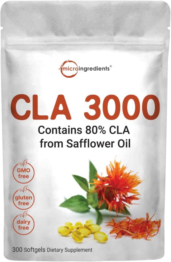 Micro Ingredients CLA Supplements 3000mg Per Serving | 300 Softgels, Made with 80% CLA from Non-GMO Safflower Oil, Active Conjugated Linoleic Acid