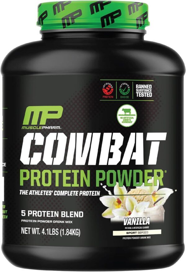 MusclePharm Combat Protein Powder, Vanilla Flavor, Fuels Muscles for Productive Workouts, 5 Protein Sources including Whey Protein Isolate & Egg Albumin, Gluten Free, 4 lb, 52 Servings
