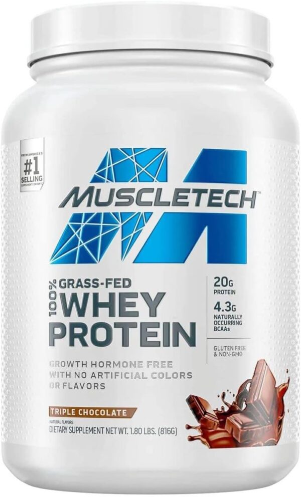MuscleTech Grass Fed Whey Protein Powder for Muscle Gain, Growth Hormone Free, Non-GMO, Gluten Free, 20g Protein + 4.3g BCAA, Triple Chocolate, 1.8 lbs