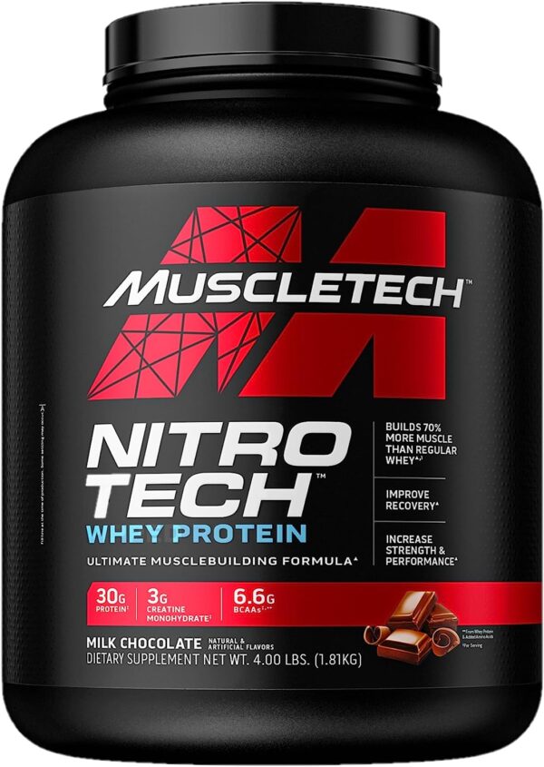 Whey Protein Powder | MuscleTech Nitro-Tech Whey Protein Isolate & Peptides | Milk Chocolate, 4 Pound (Pack of 1), 40 Servings