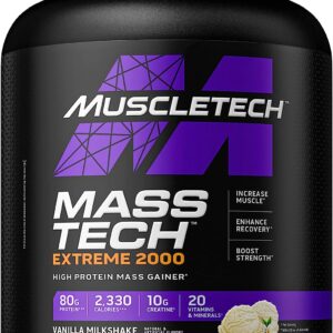 Muscletech Mass Gainer Mass-Tech Extreme 2000, Muscle Builder Whey Protein Powder, Protein + Creatine+ Carbs, Max-Protein Weight Gainer for Women & Men, vanilla milkshake , 6lbs (Packaging May Vary)