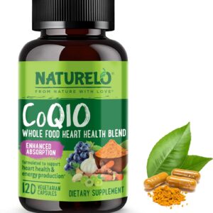 NATURELO Whole Food CoQ10 with Heart Health Blend, Powerful Antioxidant for Energy Production, 120 Capsules