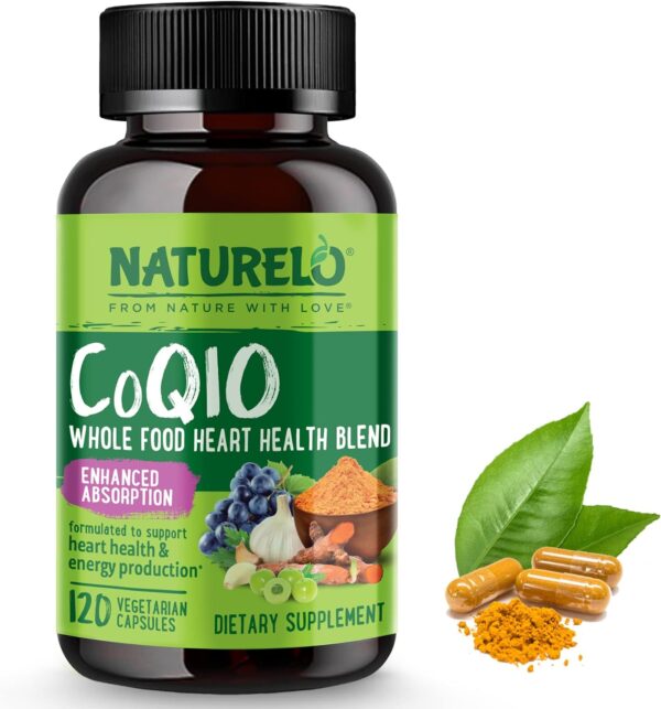 NATURELO Whole Food CoQ10 with Heart Health Blend, Powerful Antioxidant for Energy Production, 120 Capsules