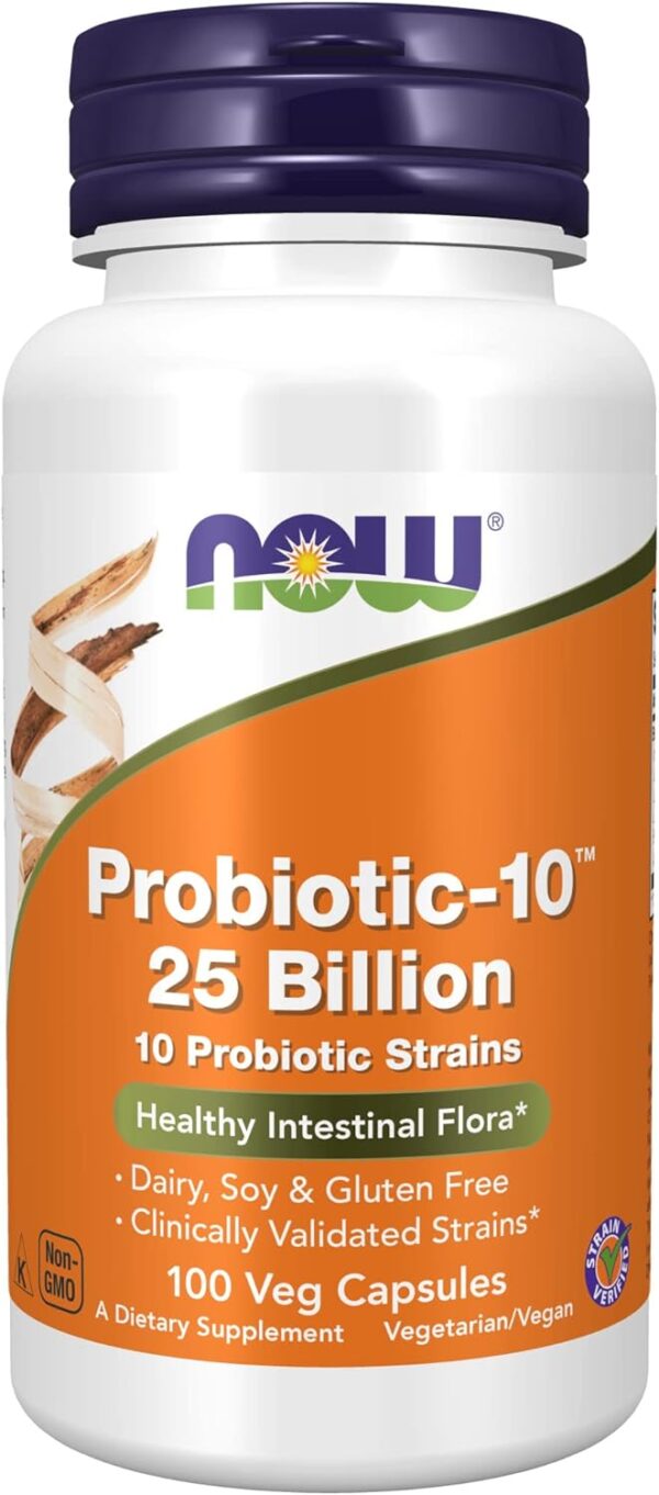 NOW Supplements, Probiotic-10™, 25 Billion, with 10 Probiotic Strains, Dairy, Soy and Gluten Free, Strain Verified, 100 Veg Capsules