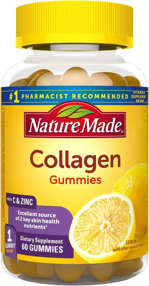 Nature Made Collagen Gummies with Vitamin C, Zinc and Biotin, Hydrolyzed Collagen Peptides Supplement for Healthy Skin Support, 60 Gummies, 60 Day Supply