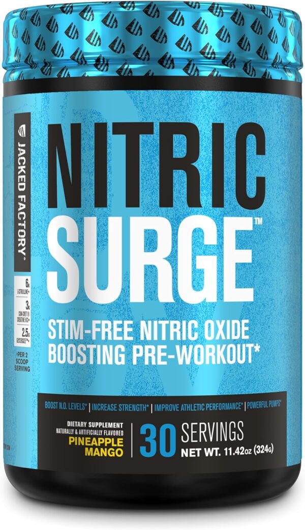 Nitric Surge Stim Free Pre Workout Powder - Caffeine Free Nitric Oxide Supplement w/Con-Cret Creatine, L Citrulline, & GlycerSize Glycerol for Pumps & Muscular Hydration - Pineapple Mango, 30 Servings