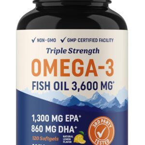 Omega 3 Fish Oil | Triple Strength 3600 mg EPA & DHA | Over 2100mg of Omega-3 Fatty Acids | 1300mg EPA + 860mg DHA | Best Essential Fatty Acids | Premium Burpless Softgel Supplements (120 Ct)
