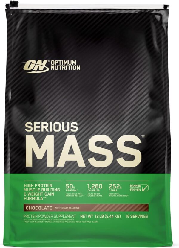 Optimum Nutrition Serious Mass Weight Gainer Protein Powder, Vitamin C, Zinc and Vitamin D for Immune Support, Chocolate, 12 Pound (Packaging May Vary)