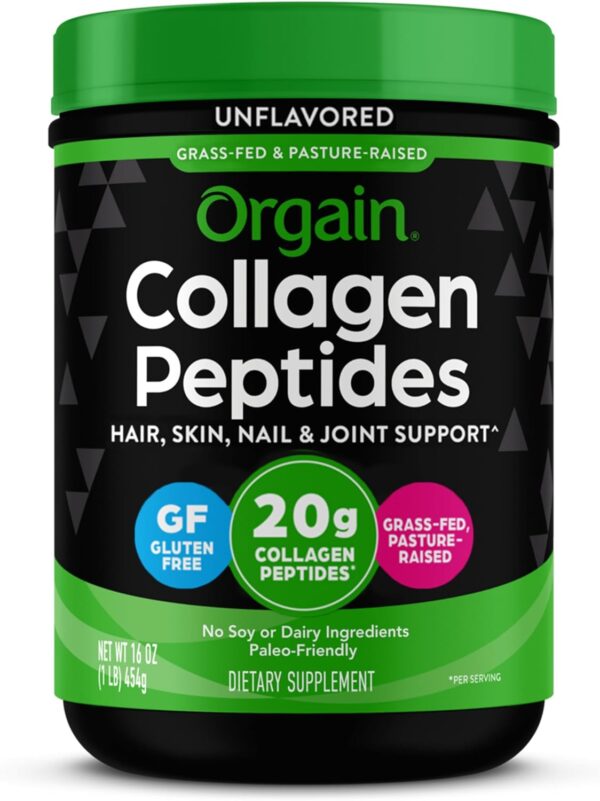 Orgain Hydrolyzed Collagen Peptides Powder, 20g Grass Fed Collagen - Hair, Skin, Nail, & Joint Support Supplement, Paleo & Keto, Non-GMO, Type I and III, 1lb (Packaging May Vary)