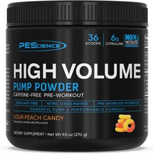 PEScience High Volume Stim Free Pre-Workout with L Citrulline, Sour Peach Candy, Nitric Oxide Supplement for Pump & Hydration, 36 Scoops
