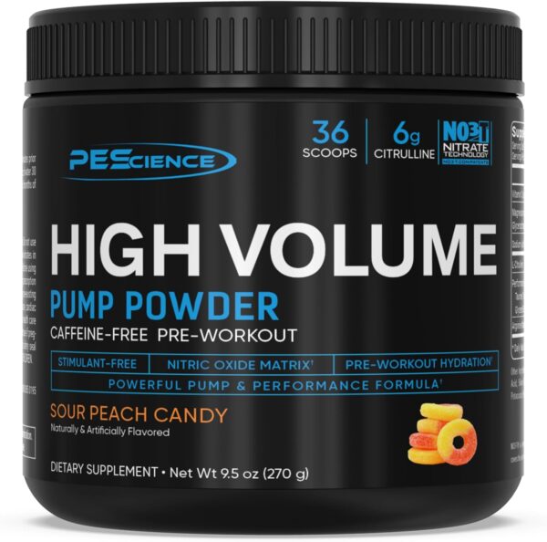 PEScience High Volume Stim Free Pre-Workout with L Citrulline, Sour Peach Candy, Nitric Oxide Supplement for Pump & Hydration, 36 Scoops