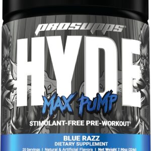 PROSUPPS Hyde Max Pump Pre Workout for Men and Women - Nitric Oxide Supplement for Pump and Endurance - Stimulant Free Pre Workout to Promote Blood Flow and Muscle Strength (Blue Razz, 20 Servings)