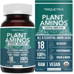 Plant Aminos Organic Essential Amino Acids (EAAs) & BCAA - 100% Plant-Based Raw, Vegan - All 9 Amino Acids with 18 Total Amino Acids (360 Tablets)